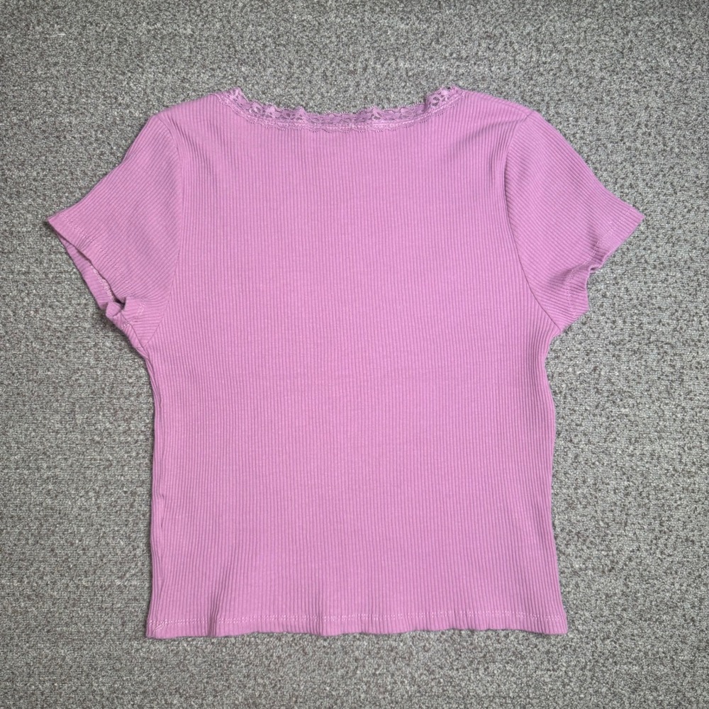 Cotton On Pink Ribbed Lace Trim Scoop Neck Baby Tee Short Sleeve Top Large - Picture 3 of 8